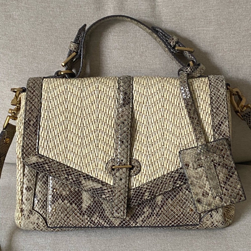 Tory Burch, Natural Raffia Snakeskin Print Satchel